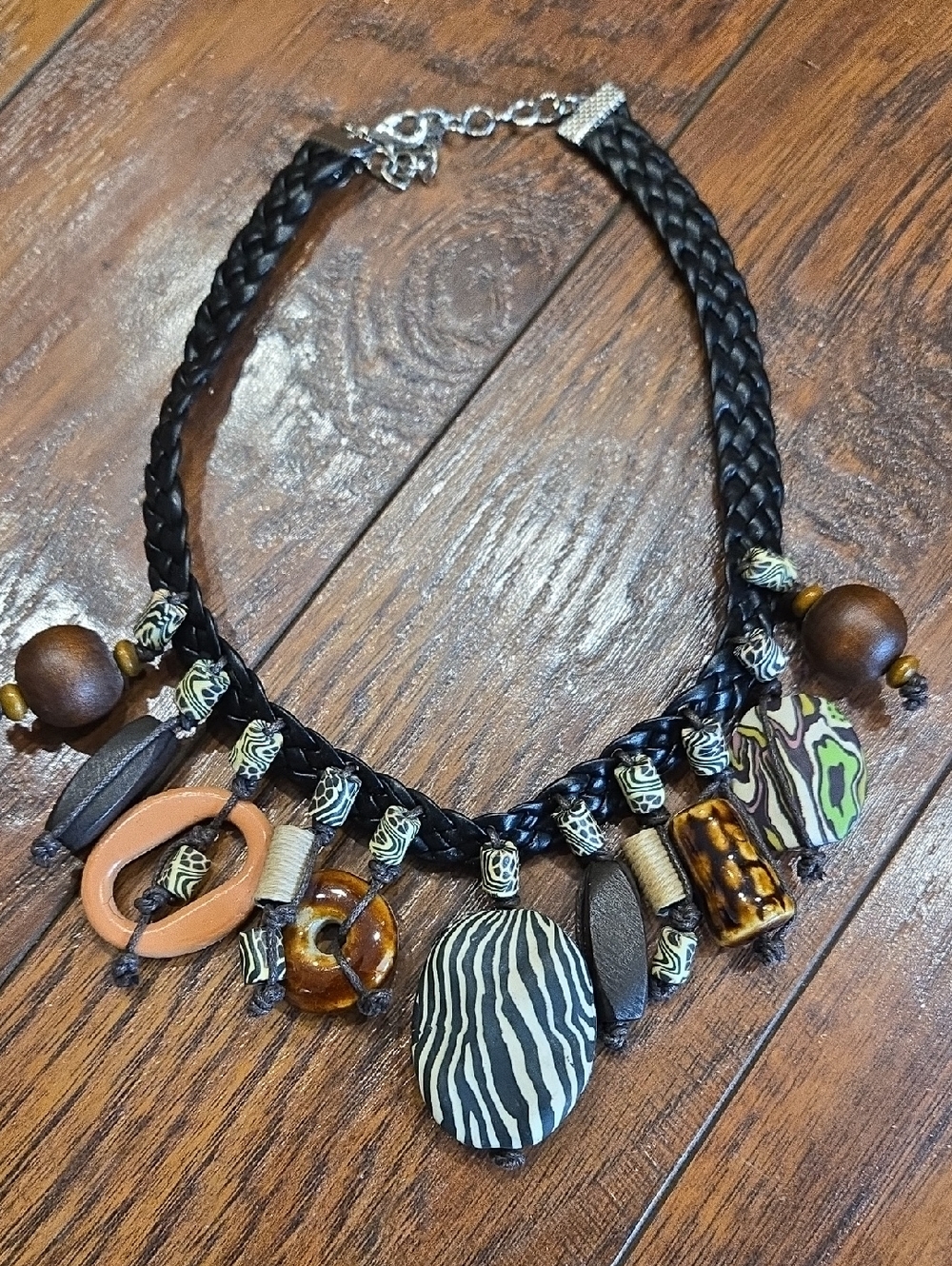Boho Zebra Pendant Braided Necklace - Black & Brown